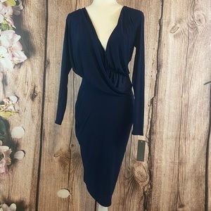 Navy Form Fitting Dress with Draped Neckline 10